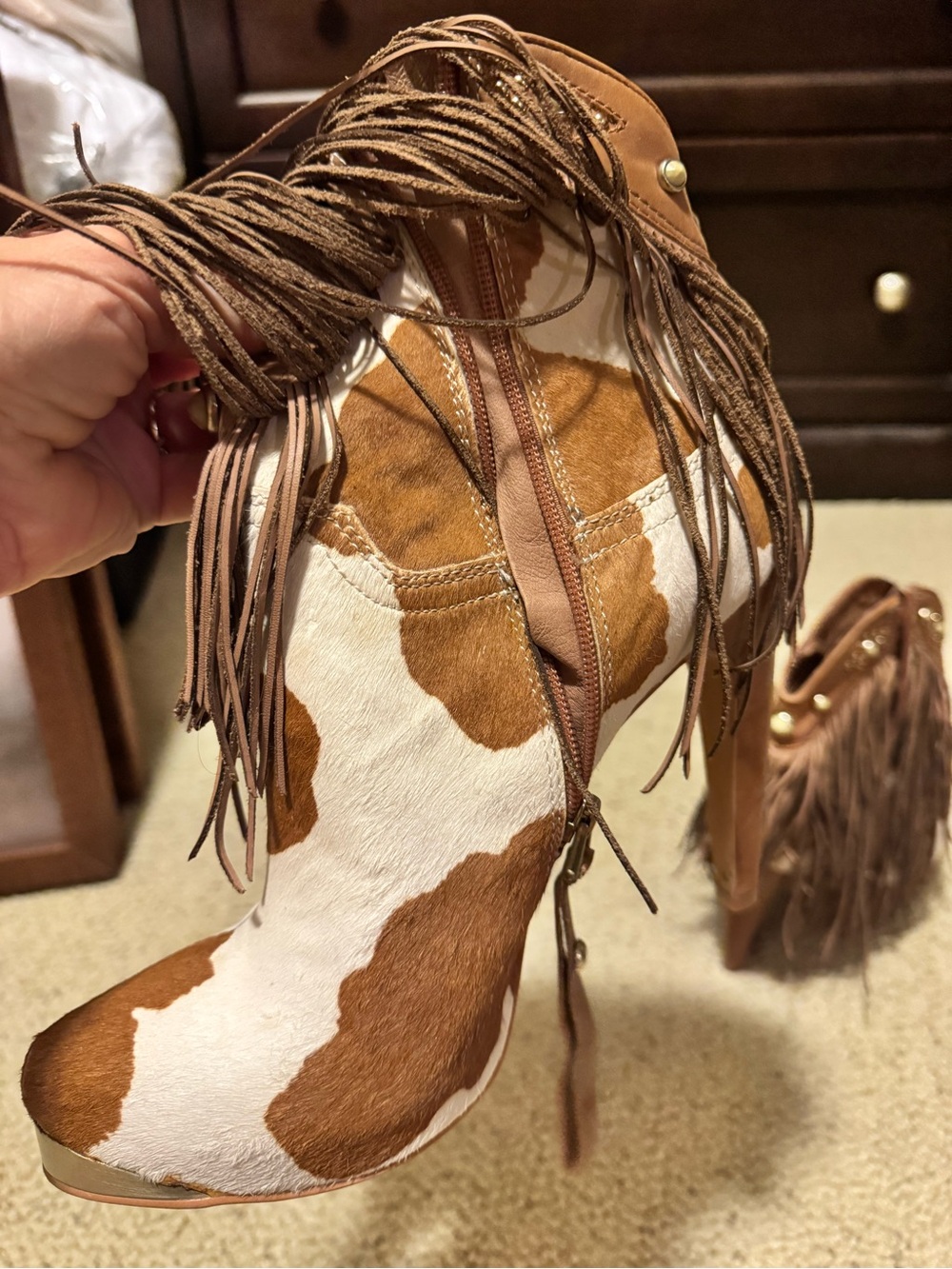 Sam Edelman Brown Fringe Cowhide Ankle Booties - Picture 5 of 7